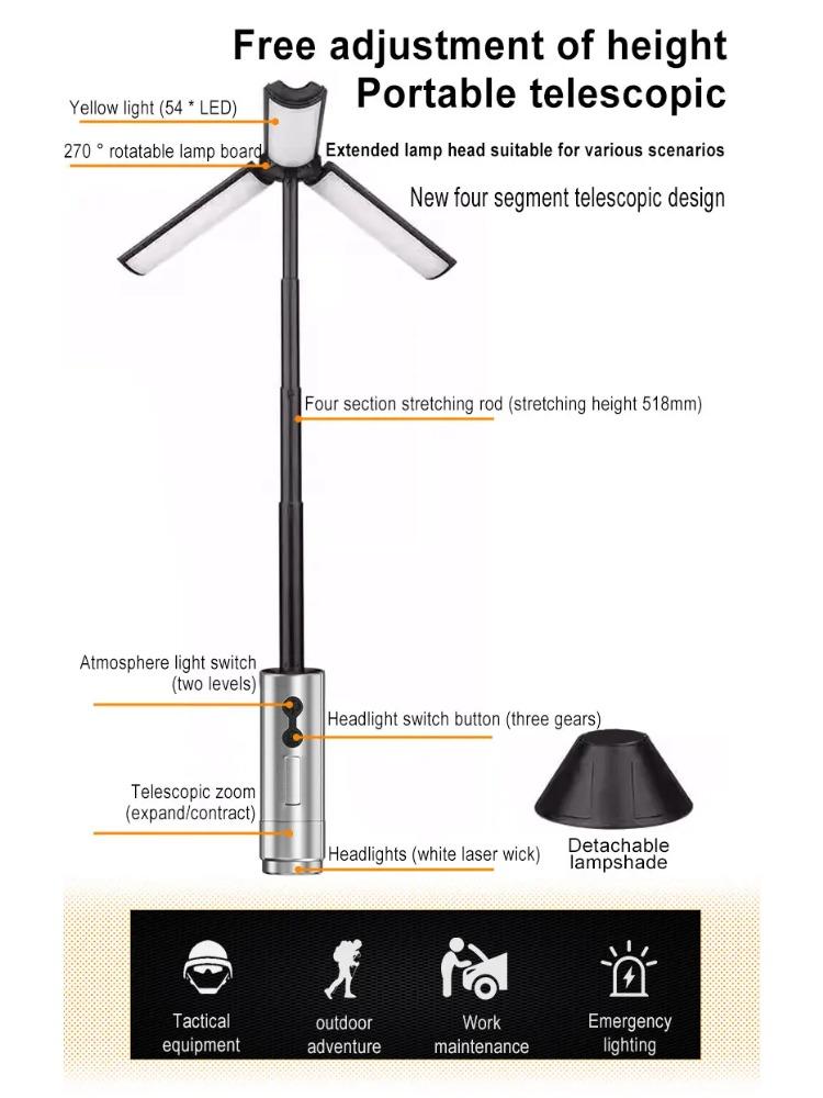 Portable Telescopic LED Flashlight Rechargeable Folding Searchlight for Outdoor Car Repair Camping Tent Lighting