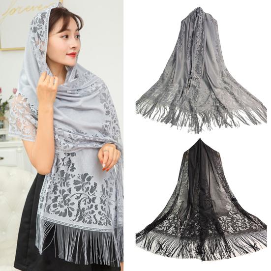 Ethnic Style Tassel Extra Long Jacquard Women Scarf Hollow Lace Cheongsam Shawl Female Accessories