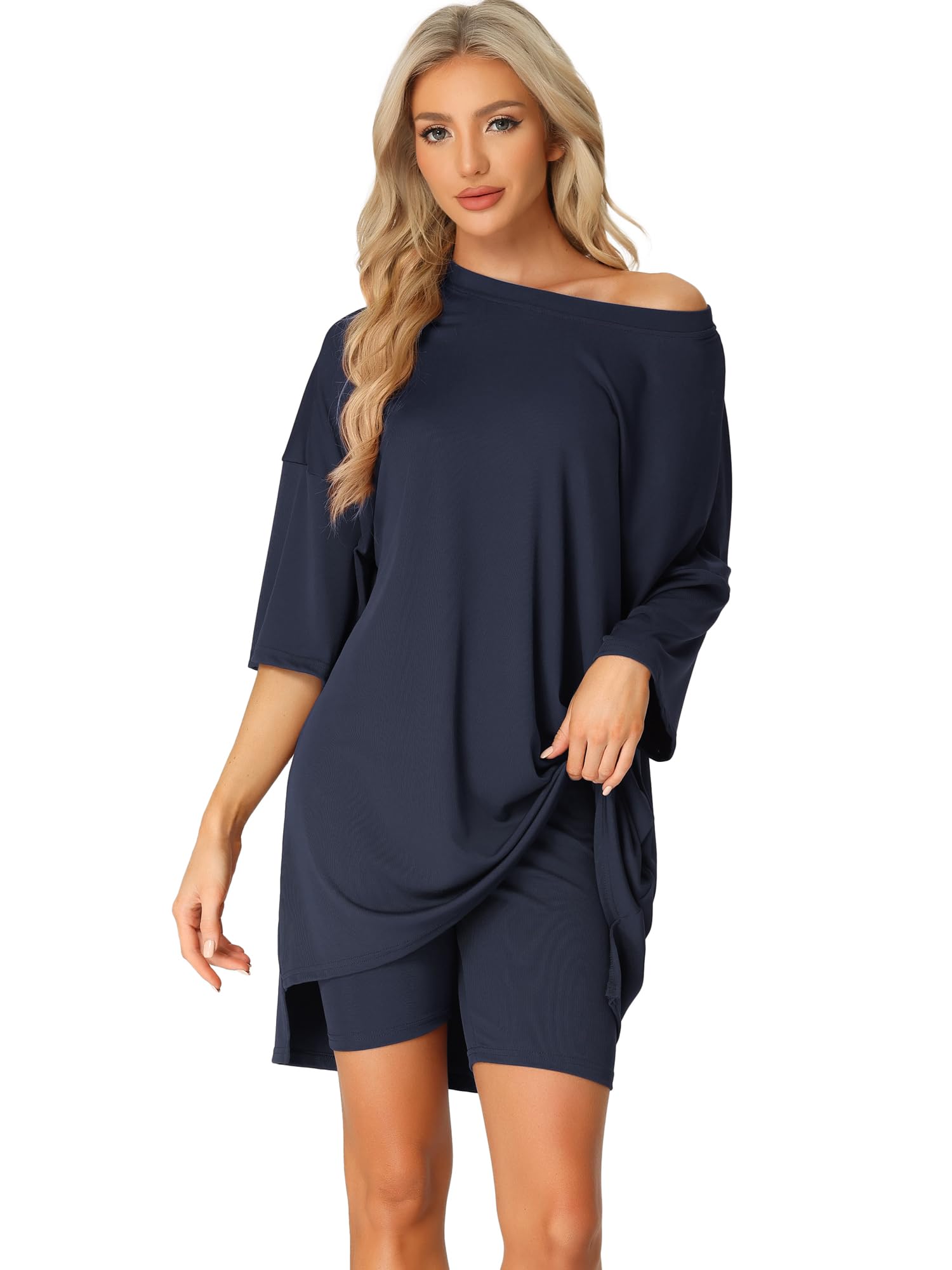 

Cheibear Pajama Knit and Size L Women s 2-Piece Set, Soft, Loose-Fit T-Shirt Shorts, Loungewear, Yoga, Blue, синий