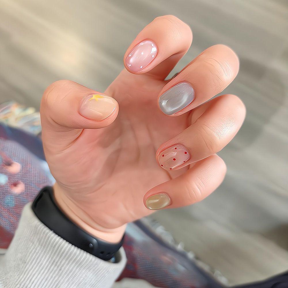 Sweet Summer Candy Color Cat Eye Nails - Macaron Polka Dots & Cute Stars in Short Oval Shape