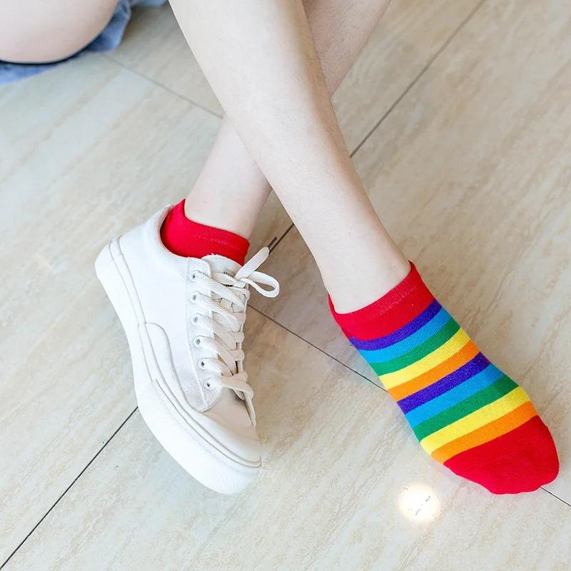 Harajuku Cute Rainbow Ankle Socks Ladies Funny Kawaii Color Yellow White Black Cotton Socks Girls