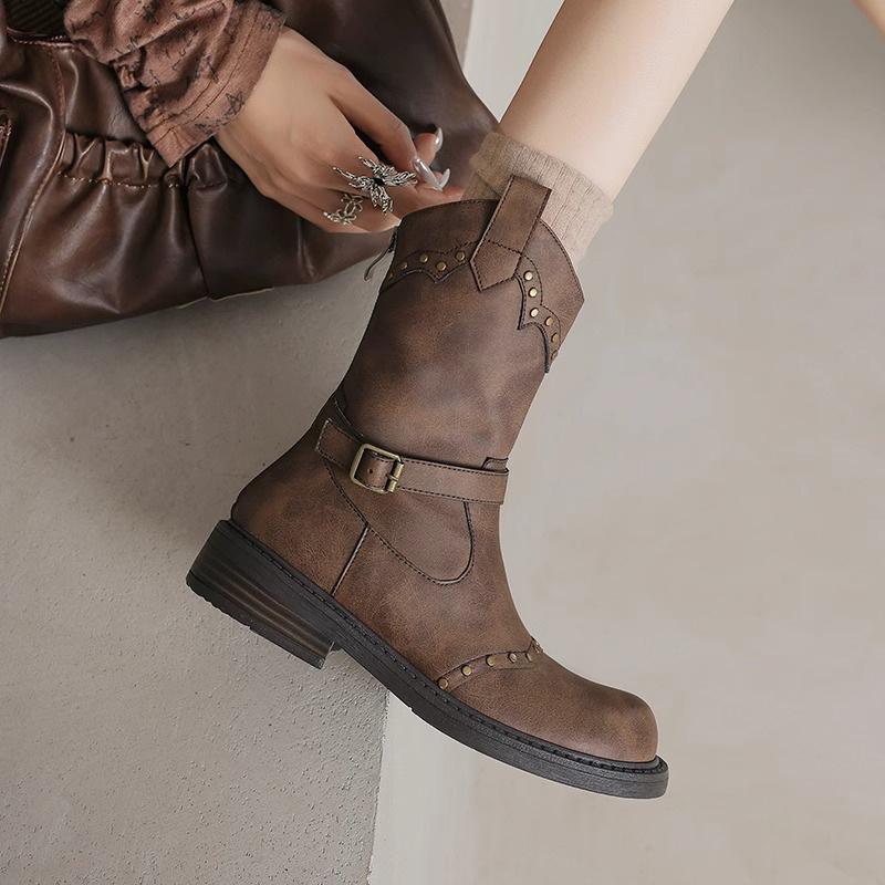 Retro Fashion Simple Generous British Belt Buckle Flat Bottom Rivet Western Boots Knight Boots Short Boots Female Martin Boots