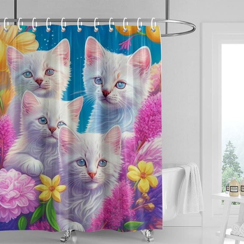 Adorable Cat & Flower Shower Curtain Washable Dirt-Resistant Shower Head Waterproof Polyester Bath Curtain For Home Decor