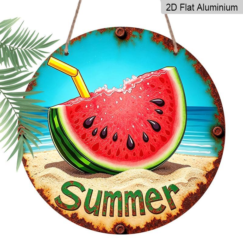2D Flat Aluminum "Summer Watermelon" Decorative Signs and Plaques, Available In Various Sizes. Beach-themed Vintage Distressed Metal Wall Coverings