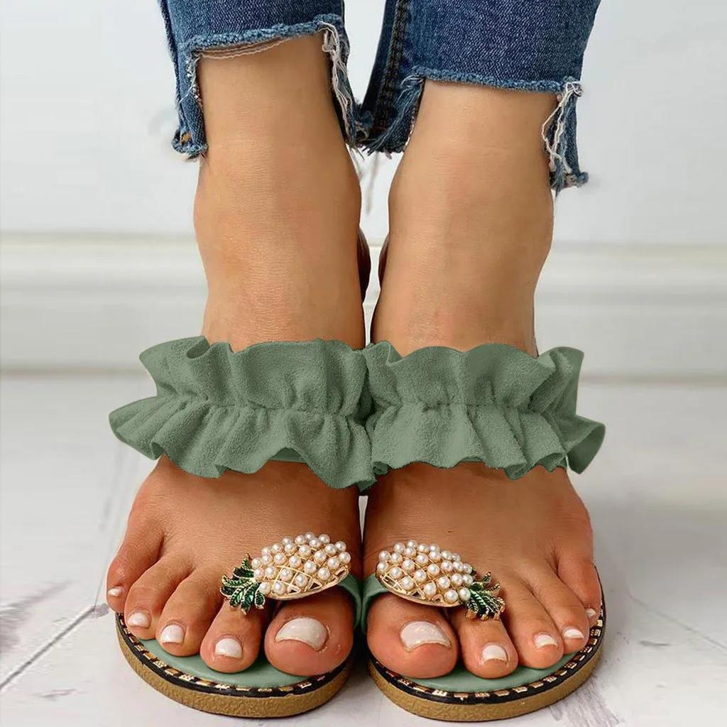 Fashion Women Slipper Pineapple Pearl Flat Toe Bohemian Summer Beach Sandals Ladies Shoes plus size