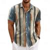 Men's Vintage Vertical Stripe Print Color Block Short Sleeve Shirt, Spring Summer Retro Casual Top, Pocket Lapel Style