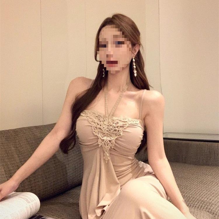 French Gentle Temperament Lace Splicing Neck Suspender Dress High Sense Waist Slim Fit Banquet Dress Summer