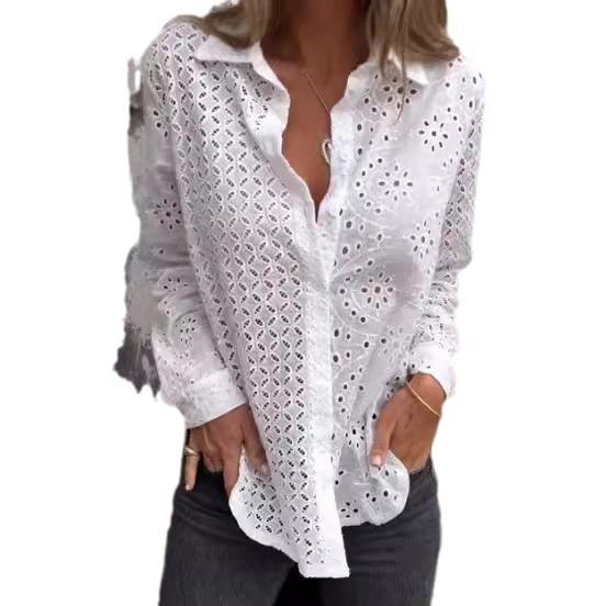 Women V Neck Long Sleeve Lace Blouse Casual Loose Fit Hollow Out Tops S