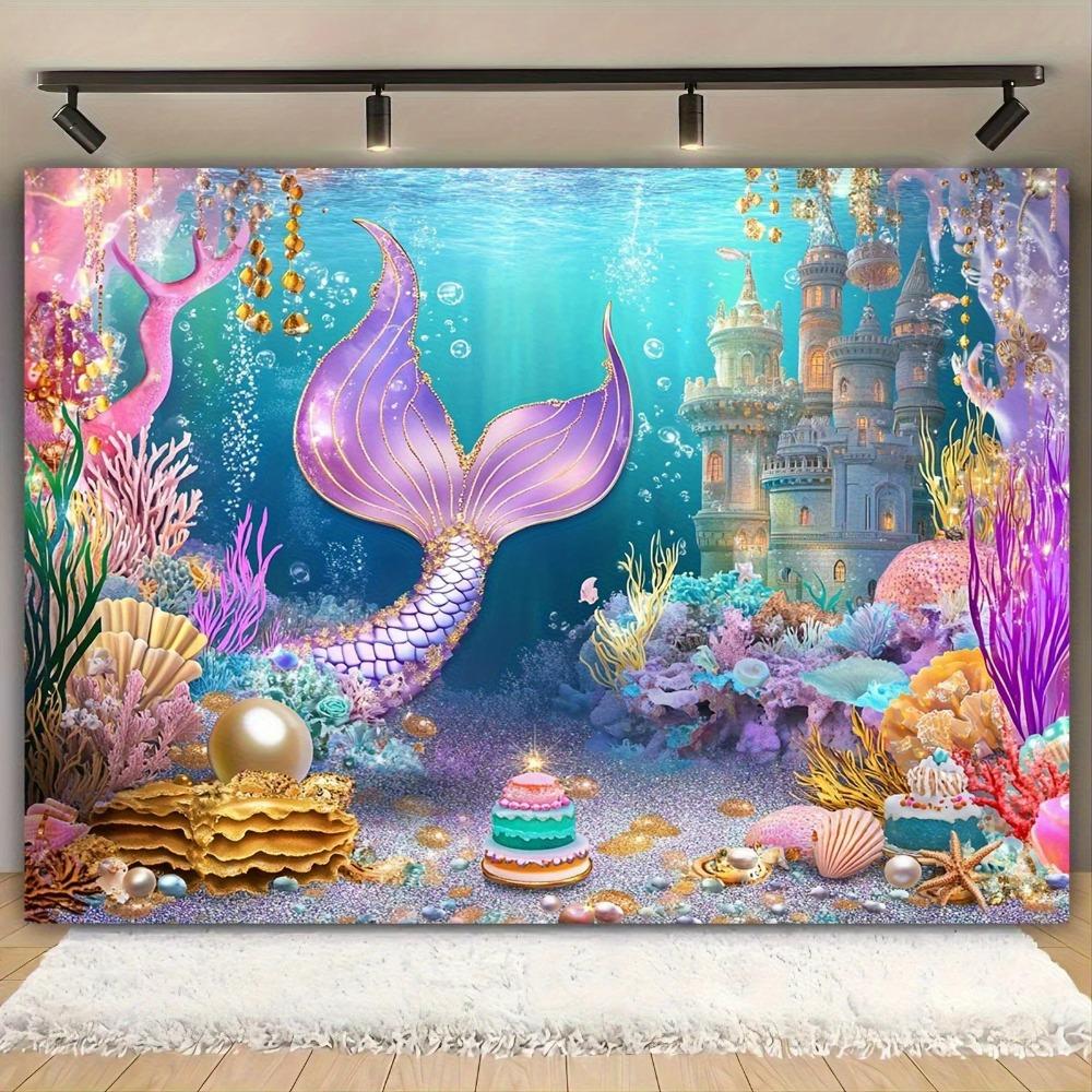 Underwater Ocean Mermaid Tail Theme Party Decoration Background Mermaid Coral Castle Birthday Decoration Photography Background