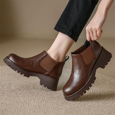 Fashion Autumn Split Leather Ankle Boots Women Round Toe Chunky Heel Platform Boots for Women Winter Short Boots Concise Women Boots