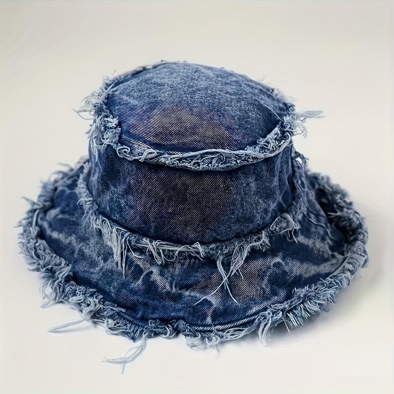 Vintage Distressed Denim Bucket Hat - Wide Brim Sun Protection, Frayed Edge Design, All-Season Outdoor Beach Hat синий