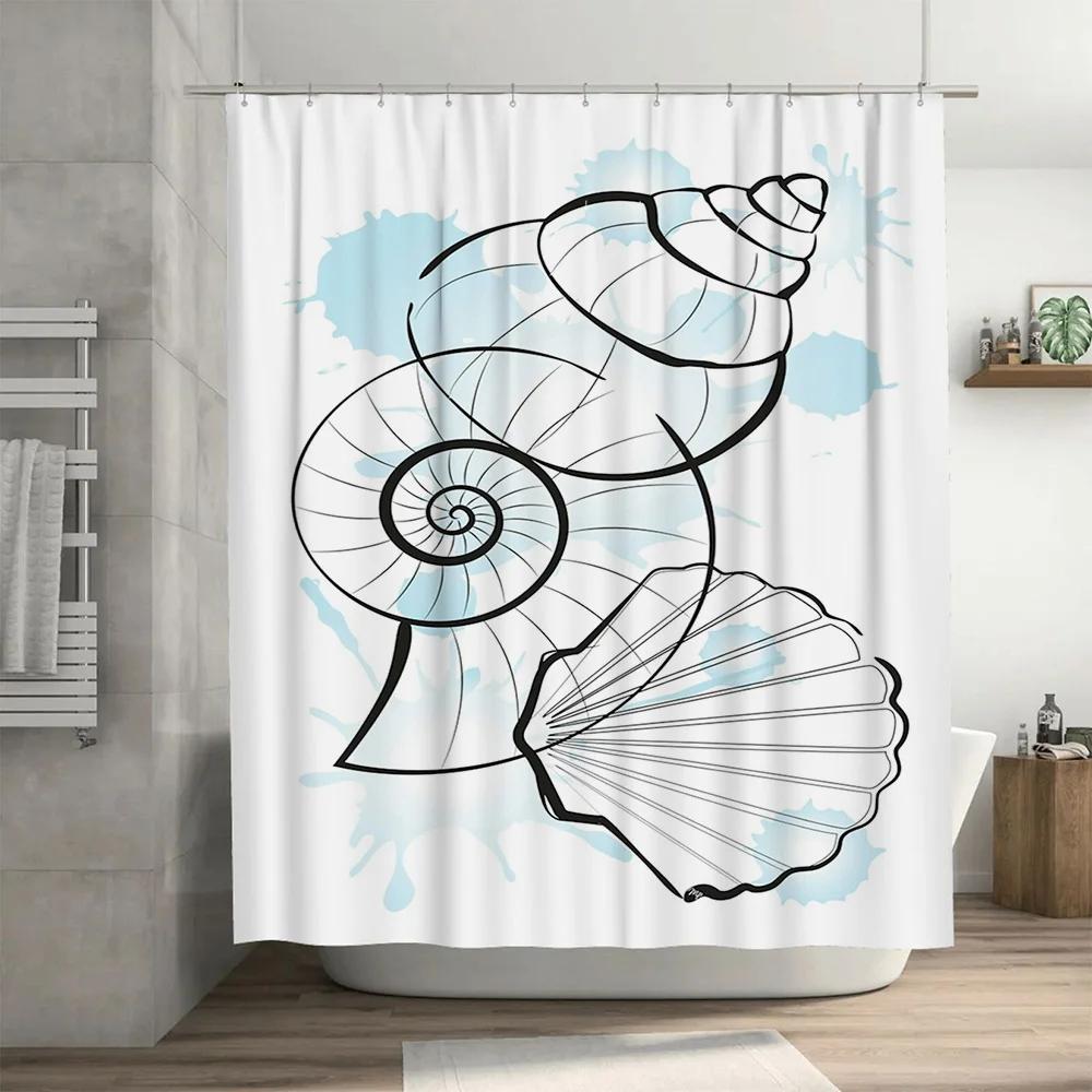 Shower Curtain Sea Shell Print Bath Decor Blue Splash Waterproof Plastic Shower Curtains for Home Decoration 3D Printed Shoji Sc