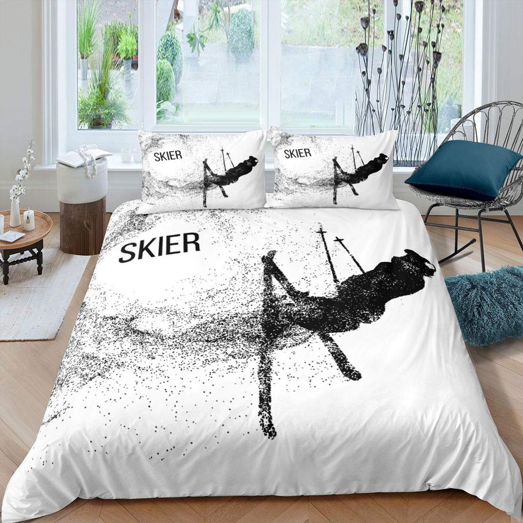 Winter Ski Sports King Queen Duvet Cover Snow Skiing Bedding Set Cartoon High Mountain Landscape 2/3 Pcs Blue White Quilt Cover