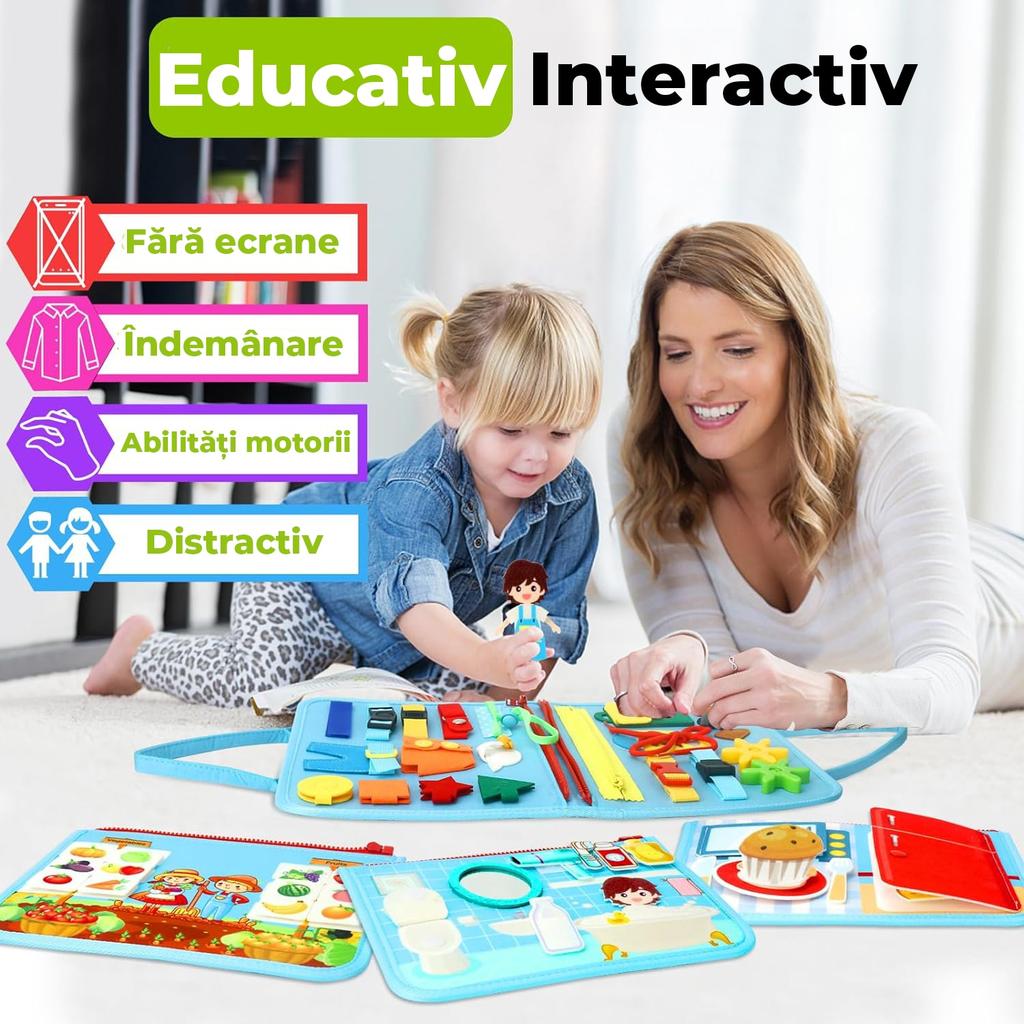 Montessori Busy Board Interaktives Sensorikspielzeug Faltbar Tragbar Aktivitätenbuch Blau Pädagogisches Reise Spielzeug zur Entwicklung der Feinmotorik