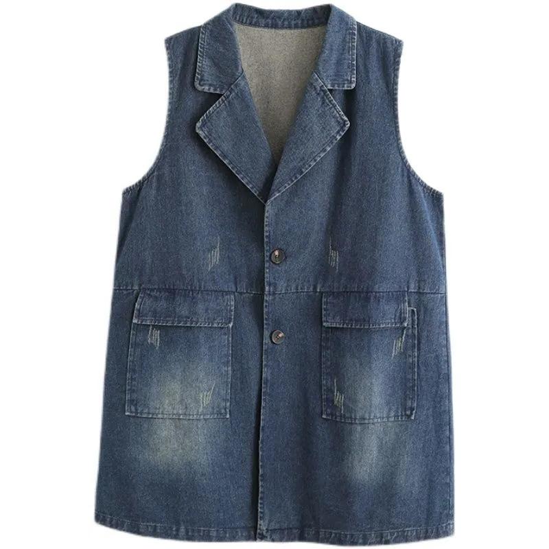 

Джинсовый жилет средней длины в стиле ретро для женщин, новый свободный жилет большого размера с воротником и камзолом XXXL