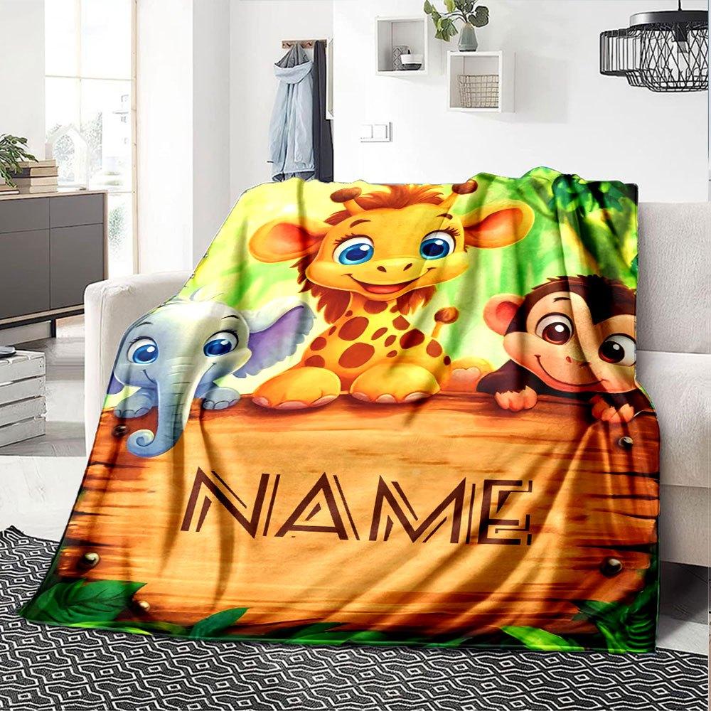 Cute Animal Jungle Scene Home Customize Your Name Blankets Soft And Cozy With Lightweight Design Perfect For Picnics Sofa Office Bed Living Room Ideal