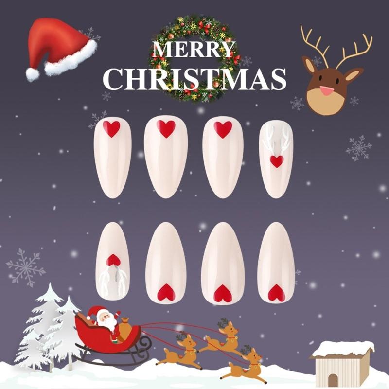 24 Pcs Elk Full Cover Stick On Nails Artificial Nails Medium Almond False Nails Christmas Press On Nails for Woman Girls