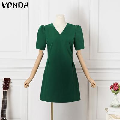 VONDA Women Puff Sleeve V Neck Bodycon Waist Casual Tunic Mini Dress