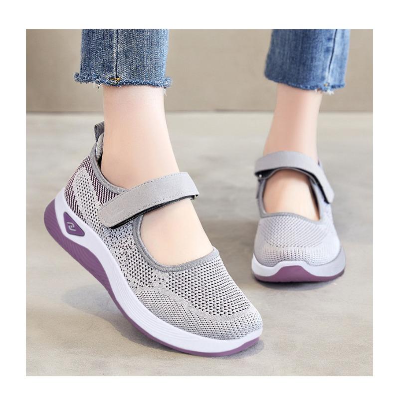 Women's Middle-Aged & Elderly Mother's Shoes – Shallow Breathable Flat Fly-Knit Casual Shoes, Velcro Walking Shoes for Seniors
