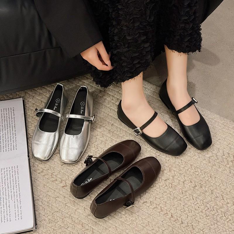 Fashion 2025 New Mary Jane Female High Quality Leather Buckle Ballet Shoes for Women Square Toe Flat Ladies Single Shoes
