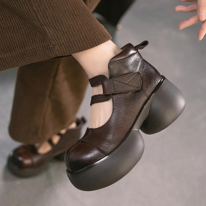 Johnature Skórzane Retro Czółenka na Grubej Platformie z Obcasem Okrągły Nosek Zapięcie na Rzepy Damskie Buty Platformowe