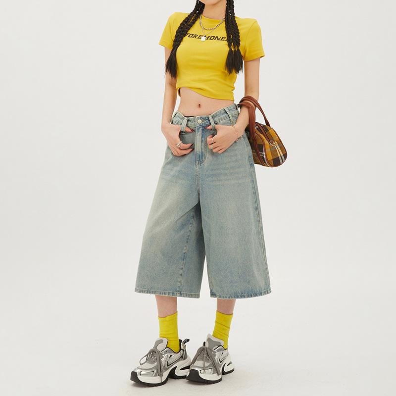 Retro džíny se širokými nohavicemi pro ženy unisex s vysokým pasem volného střihu zeštíhlující všestranné sedmikvartální nad koleno středně dlouhé kalhoty