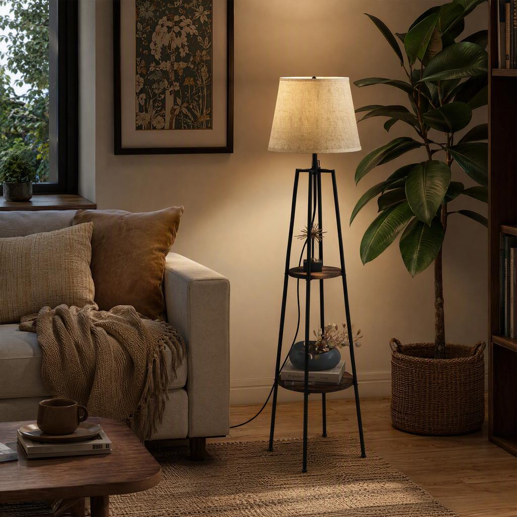 Two-Tier Metal and MDF Floor Lamp with Fabric Shade. 42x166cm. Black and Brown