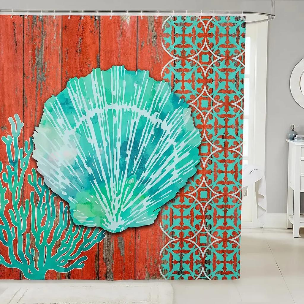 Vibrant Sea Life Watercolor Print Water-Resistant Shower Curtain With Colorful Shells And Fish For Ocean-Themed Bathroom Decor