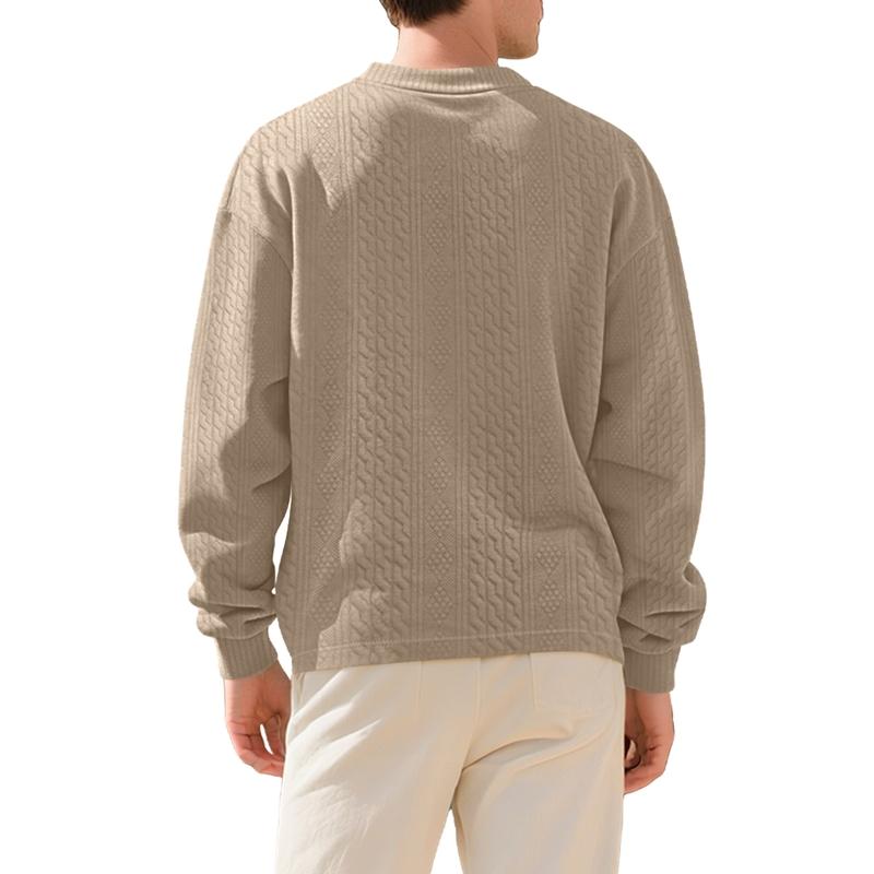 Men Vertical Cable Jacquard Textured V Neck Sweatshirt Ribbed Cuffs Long Sleeve Loose Fit Solid Color Spring Fall Daily Smart Casual Pullover Top