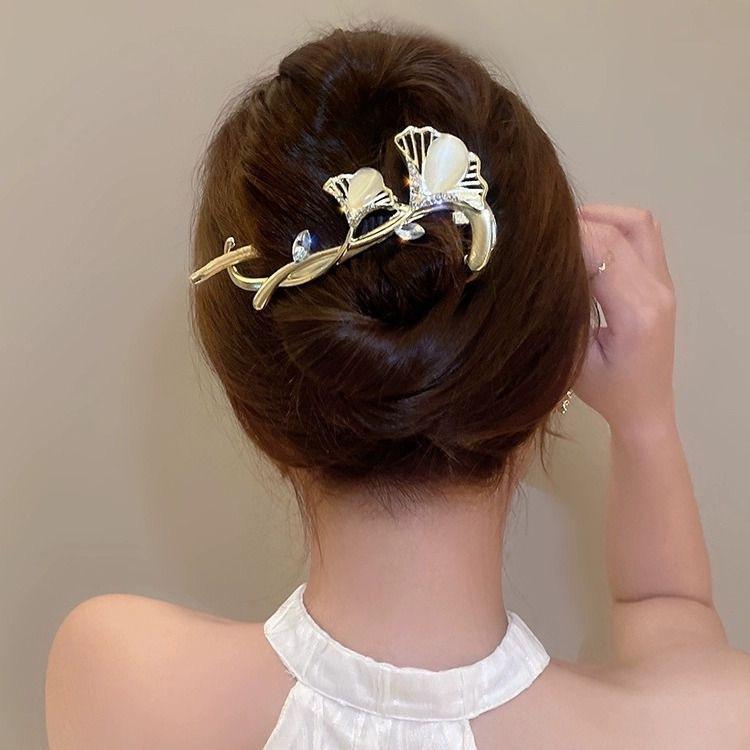 1Pc High-end Ginkgo Biloba Hairpin, Light Luxury Cat's Eye Hair Accessories, Women's Back of The Head, Hairpin, Frog Buckle, Twist Clip, One-word Clip