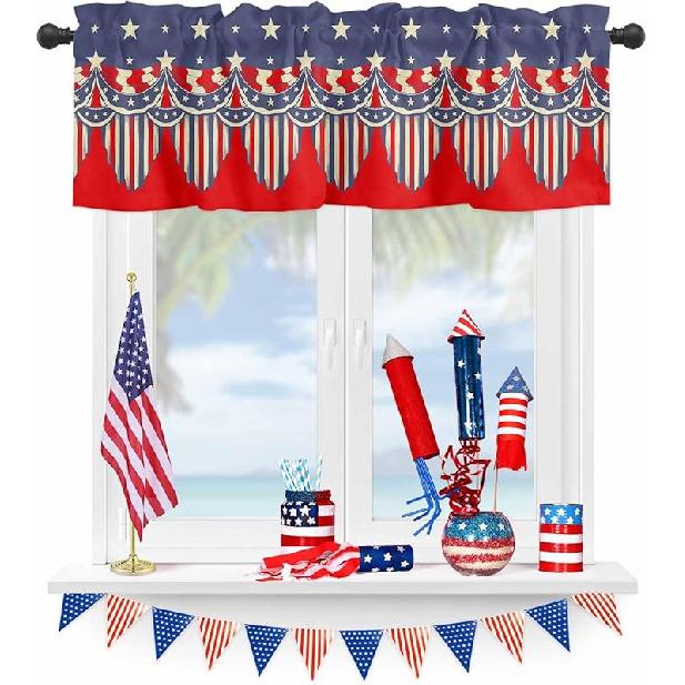 

4th of July Valance for Windows God Bless America Kitchen Curtain Valances Red Blue Floral USA Flag Independence Day Valance Curtains Window 54 W x 18 L (Pack of 1) зірка
