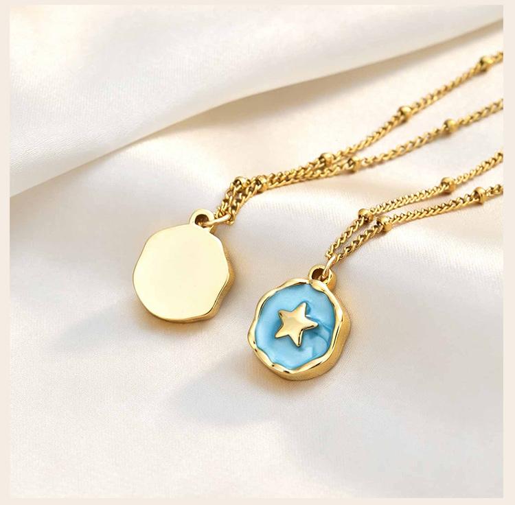 Colorful Enamel Round Pendant Necklace, Star Cross Heart Moon Choker, Stainless Steel Tarnish Resistant Clavicle Jewelry