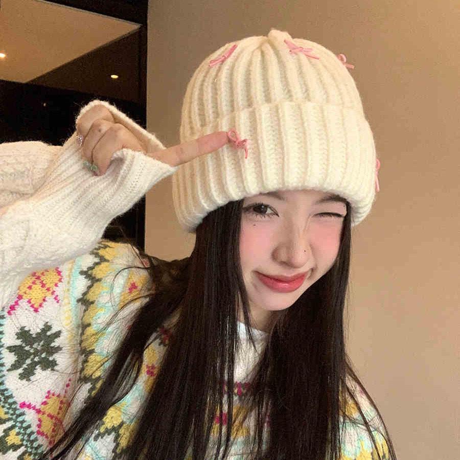 Autumn and winter students warm wool hat elastic pullover knitted hat sweet cute bow cold hat woman