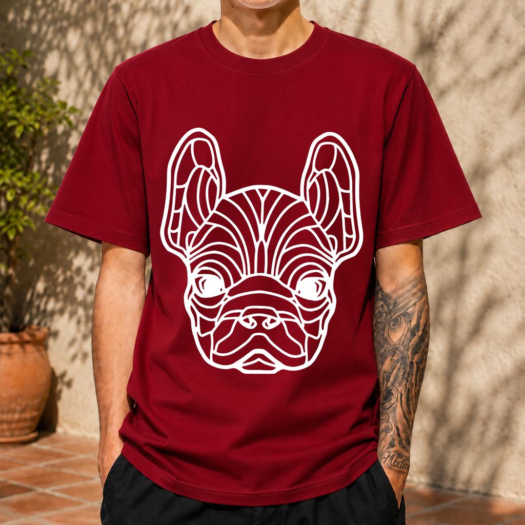 2026 Neues reines Baumwoll-T-Shirt mit geometrischem französischen Bulldoggenkopf-Aufdruck Unisex Einfaches Rundhals-Oberteil Lässiges Kurzarm