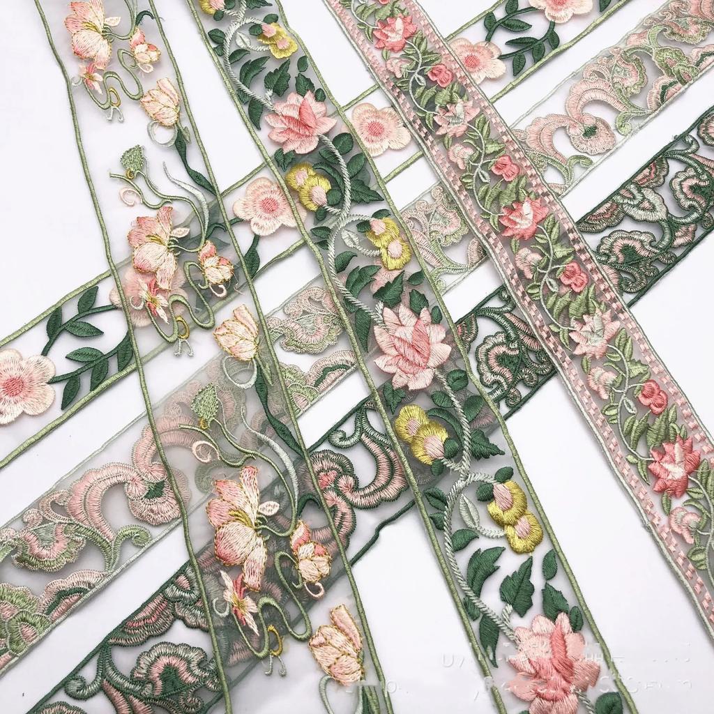 Organza Embroidered Lace Trim Ethnic Boho Ribbon for Hanfu, Kids Clothing & DIY Sewing, Sheer Floral Embroidered Tape by Yard