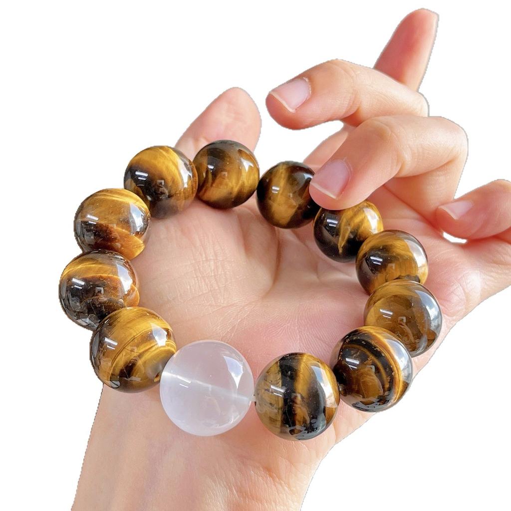 16Mm Large Particle Natural Tiger'S Eye Stone Milk White Crystal Design Bracelet Bracelet.