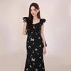 French Small Flying Sleeves, Black Floral Dress, Children's Summer New Seaside Vacation Style Waist and Thin Dress