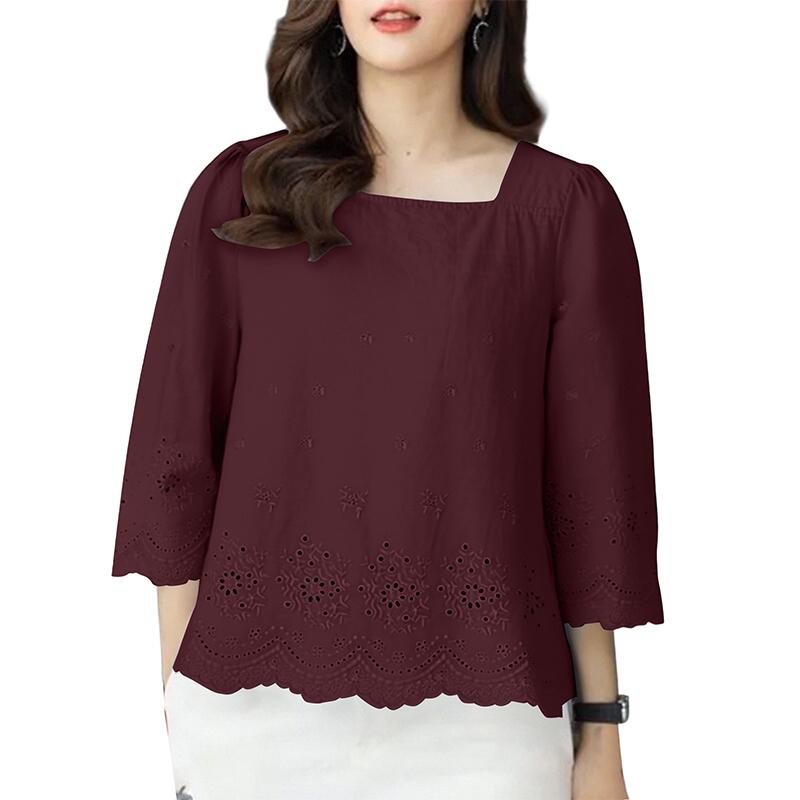 

ZANZEA Женская повседневная блузка с круглым вырезом и рукавами 3/4 свободного кроя, пэчворк с вышивкой 4XL кларет