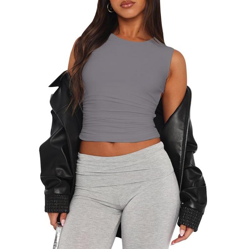 

YYFS женские модные повседневные летние весенние однотонные блузки и рубашки без рукавов с круглым вырезом и принтом S серый