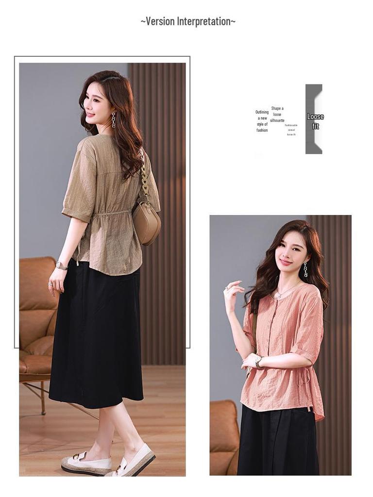 2025 Summer Fashion Tencel Two-Piece Set: Age-Reducing Mom Casual Blouse & Loose Midi Skirt