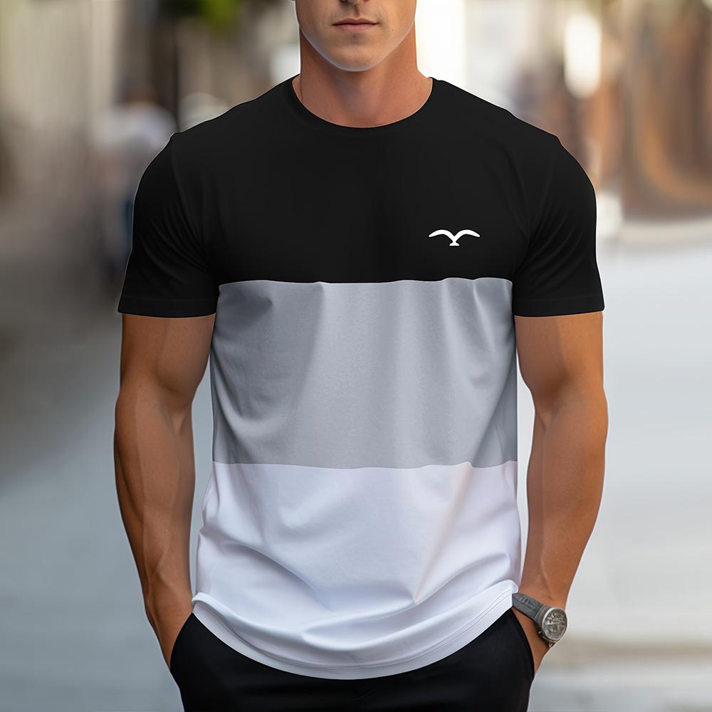 Fashion Splicing Stripes Print T Shirt For Men Comfortable O-neck Short Sleeve Pullover Casual Breathable Loose Tops Street Tees