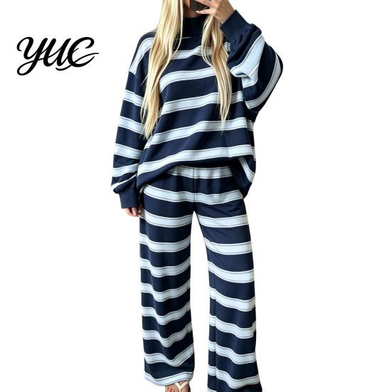 Comfy Sleepwear Sets 2Pcs/Set Women Casual Tracksuit, Mock Neck Long Sleeve Tops, Wide Hoodie Track Pants Leg Sweatpants, Striped Print Outfit