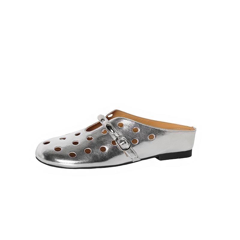 Fashion New Women's Genuine Leather Cowhide Breathable Perforated Metal Belt Buckle with a Middle Heel and Toe Cover, M Ü Ller Slippers