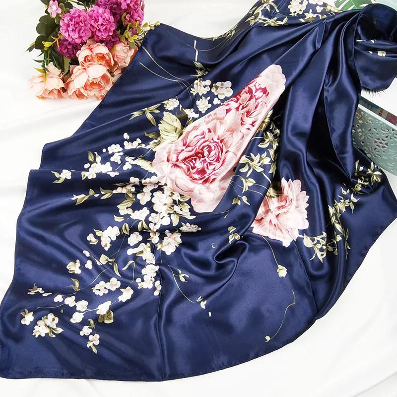 90cm Neckerchief Silk Satin Women Hijab Scaves Fashion Floral Print Headband Neck Scarfs Female Square Shawls Scarfs For Ladies