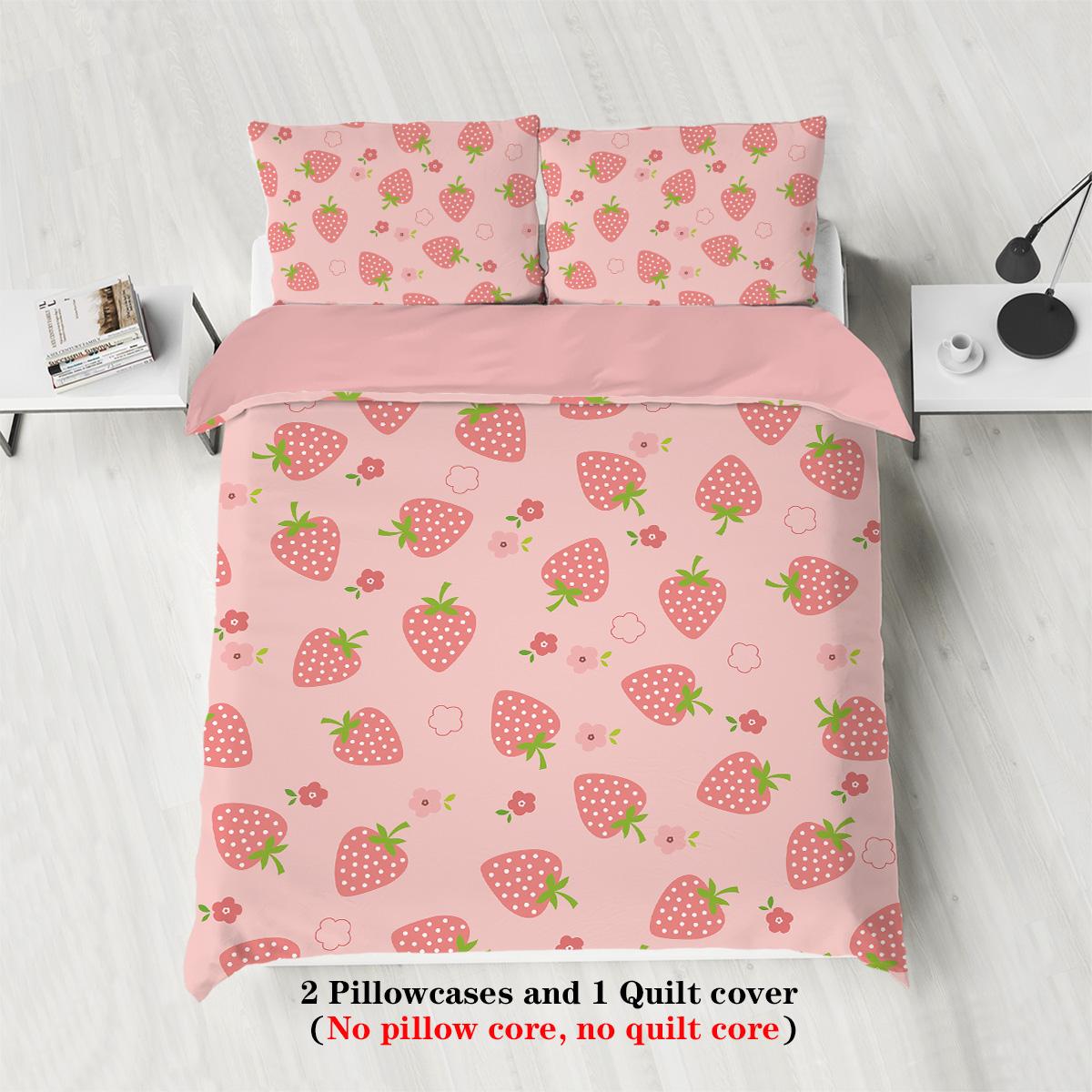 

3pcs cartoon strawberries printed bedding,For Bedroom, Guest Room (1*Duvet Cover + 2*Pillowcase, NO Core) 135x200cm-EU-Single