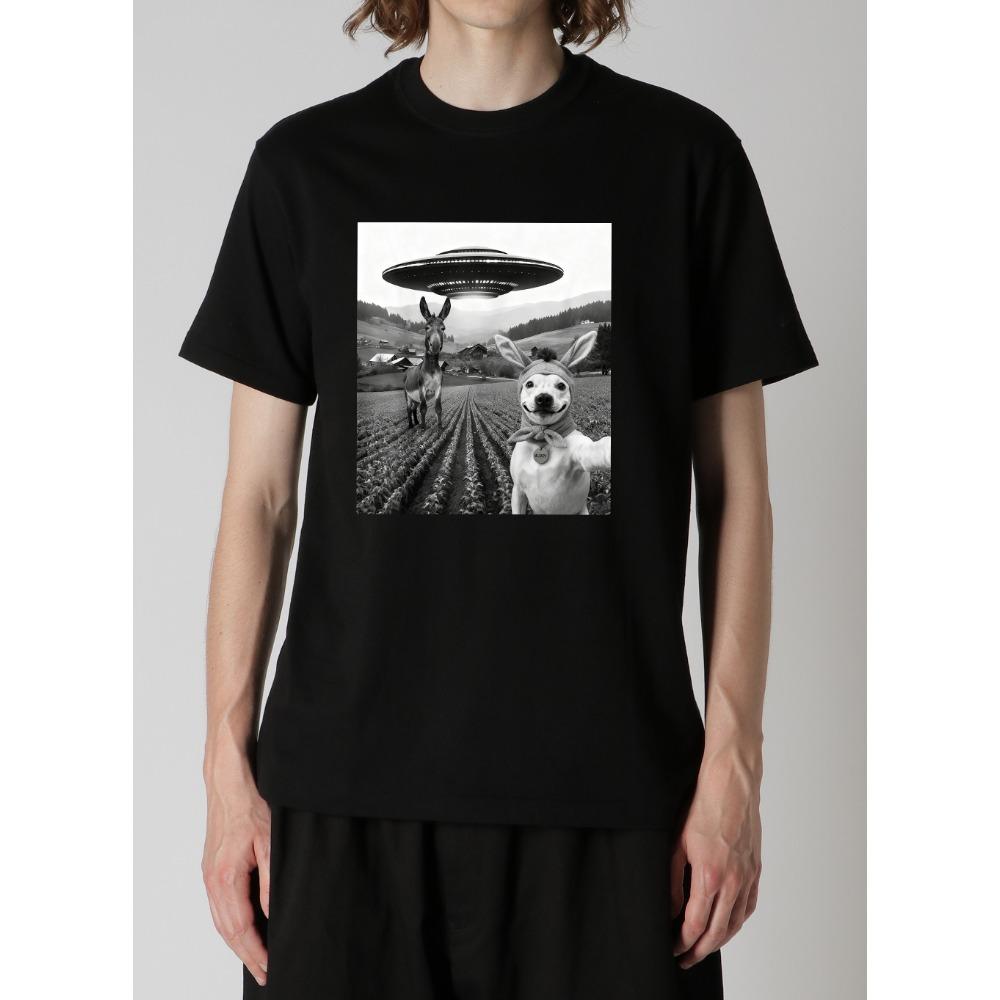 Nowość Koszulka Unisex Casualowa z Zabawnym Nadrukiem Meme z Selfie Osła i Psa z Kosmitą UFO z Krótkim Rękawem z Okrągłym Dekoltem