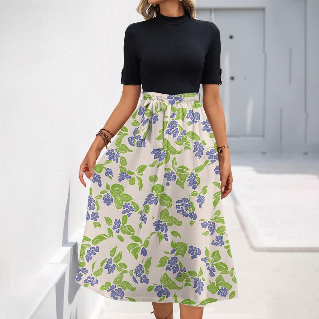 Women's Fashion Casual Belt Short Sleeve Round Neck Floral Elegant Temperament Dress