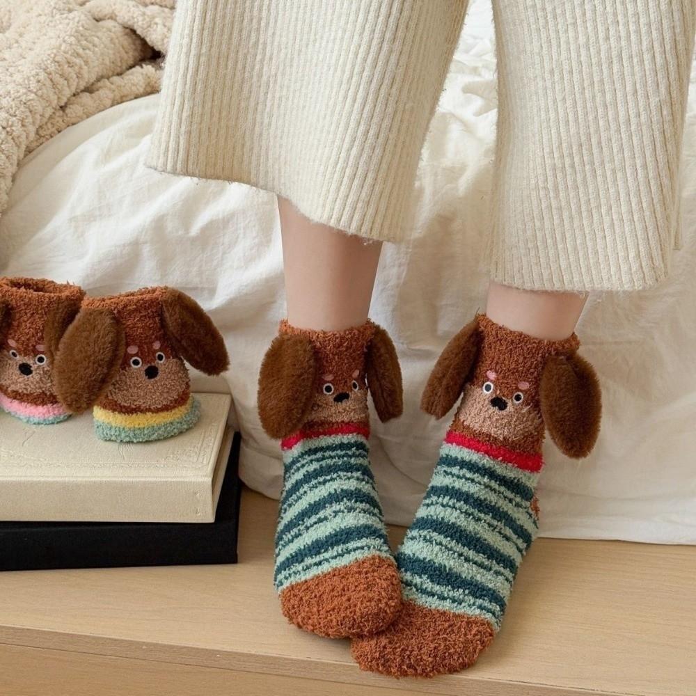 Polka Dot Puppy Ears Coral Fleece Socks Plush Floor Socks Sweet Dog Thicken Velvet Socks Girls