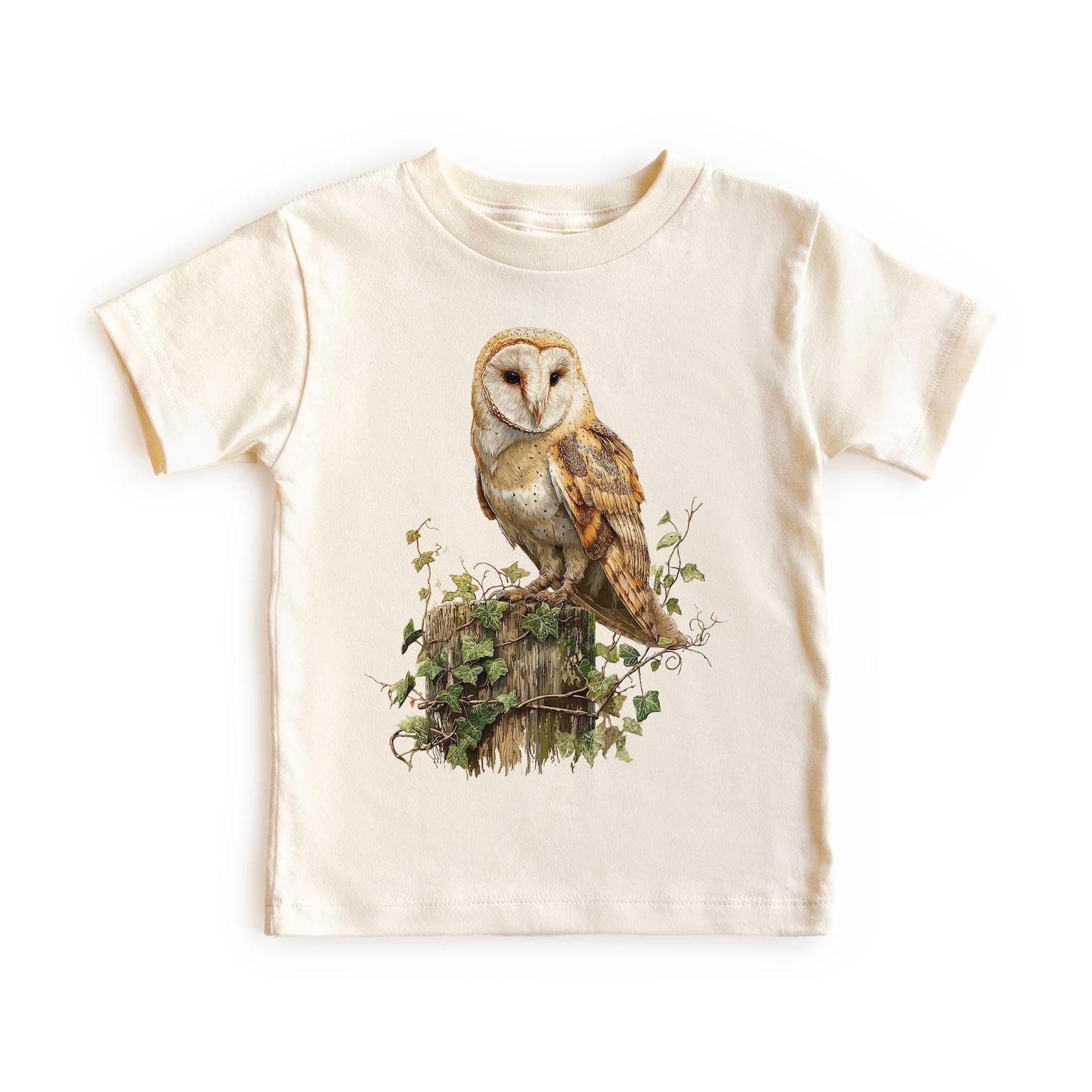 Retro Barn Owl Summer Wildflowers Tree Stump Birds Of Prey Unisex Kids Cotton Tee 100