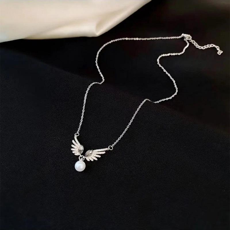Dark Angel s Wings Rhinestone and Pearl Sweet Necklace - Trendy Korean Style